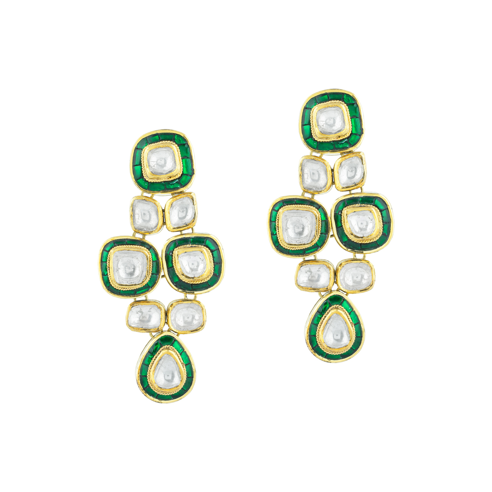 Emerald Green Talaf Polki Earrings with Tiered Polkis